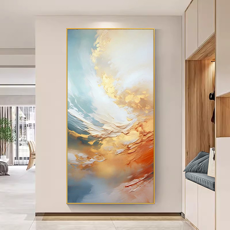 手绘油画《祥云》客厅沙发背景墙装饰画肌理抽象竖版轻奢玄关挂画