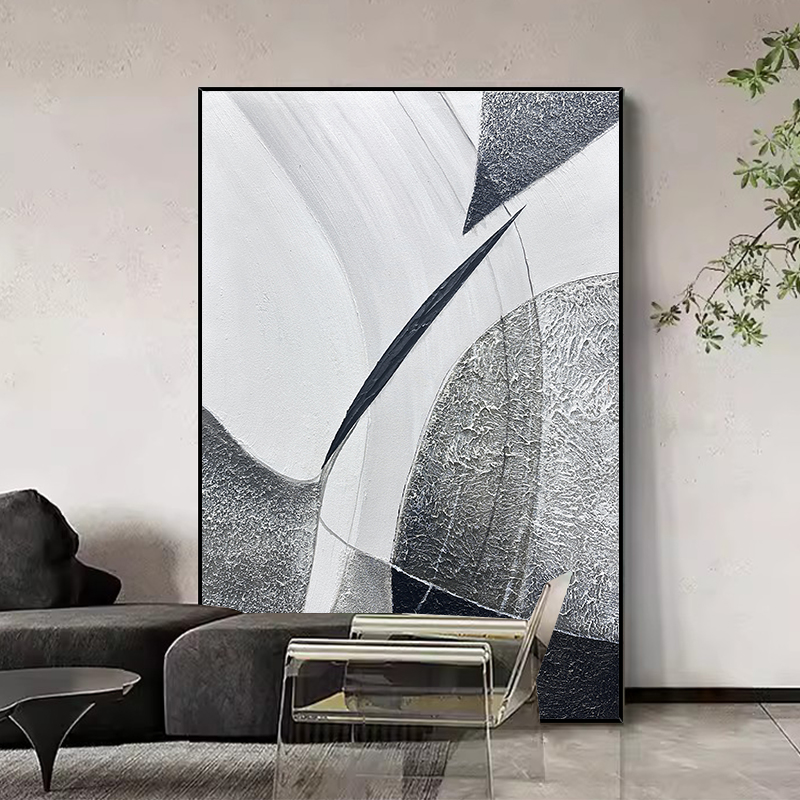 手绘油画《石川》客厅沙发背景墙装饰画玄关挂画黑白肌理画抽象画