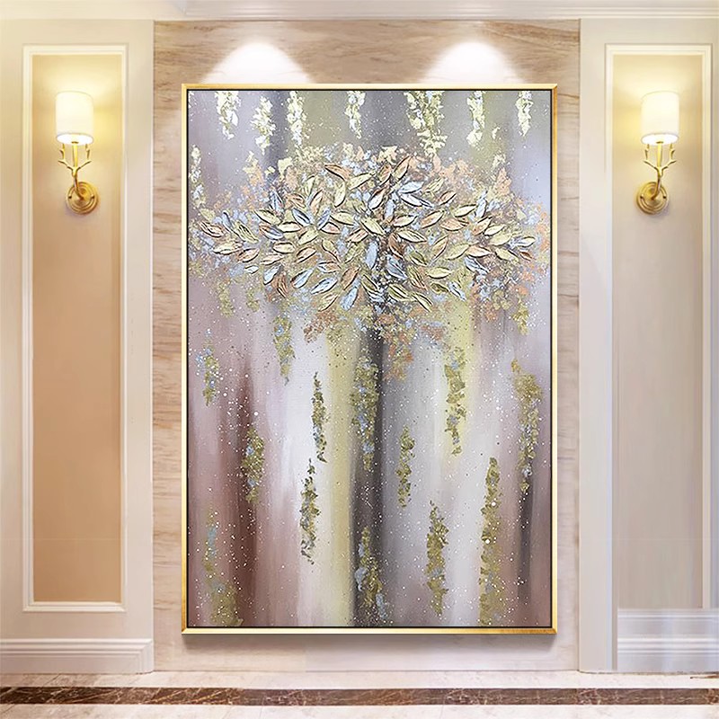 手绘油画《金枝玉叶》玄关挂画客厅入户背景墙装饰画美式轻奢金箔