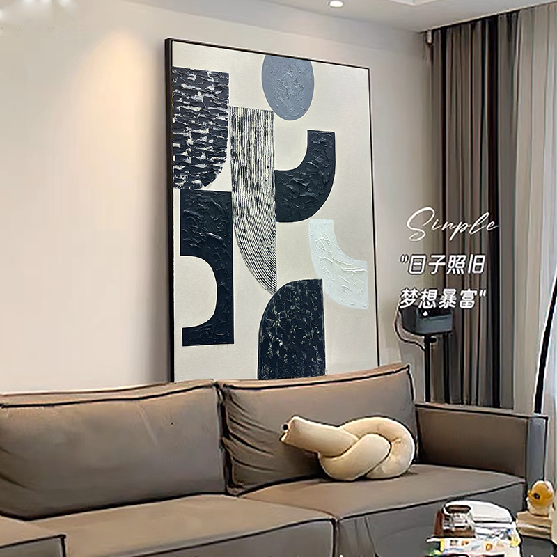 手绘油画《旋律》抽象几何玄关挂画客厅沙发背景墙装饰画轻奢黑白
