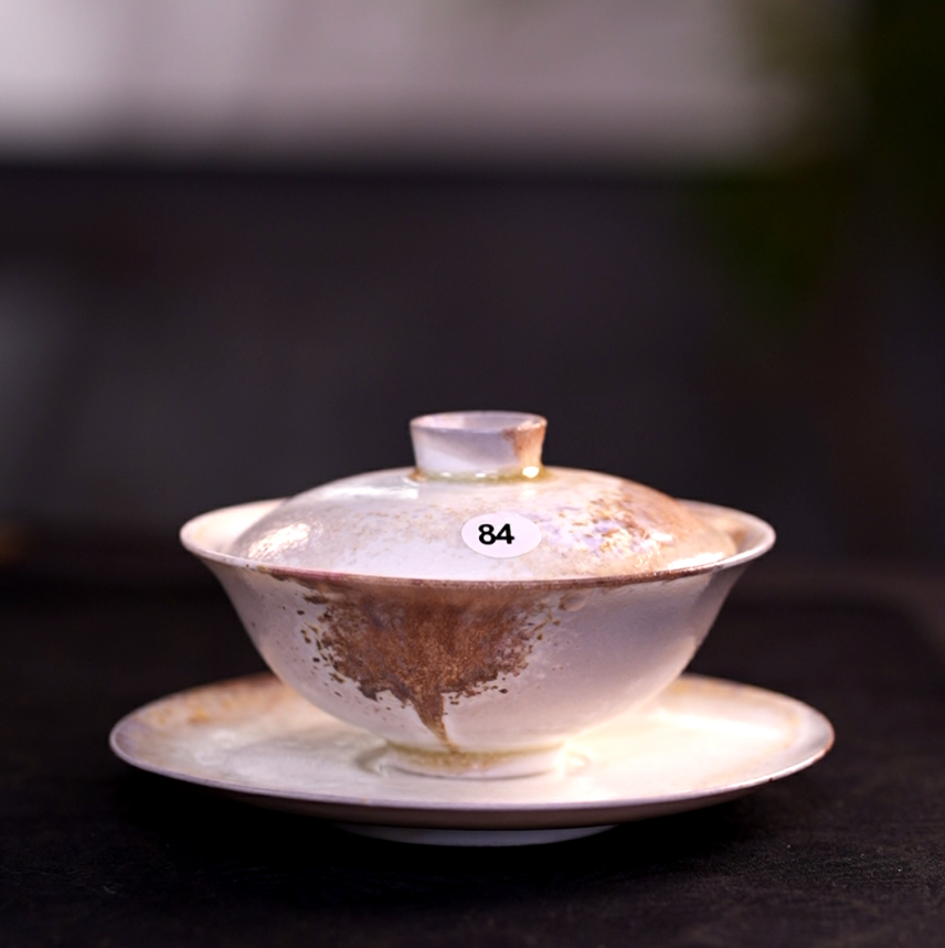 李现锋柴窑裸烧官帽盖碗纯手工三才薄胎大叶茶白茶碗不烫手茶盖碗