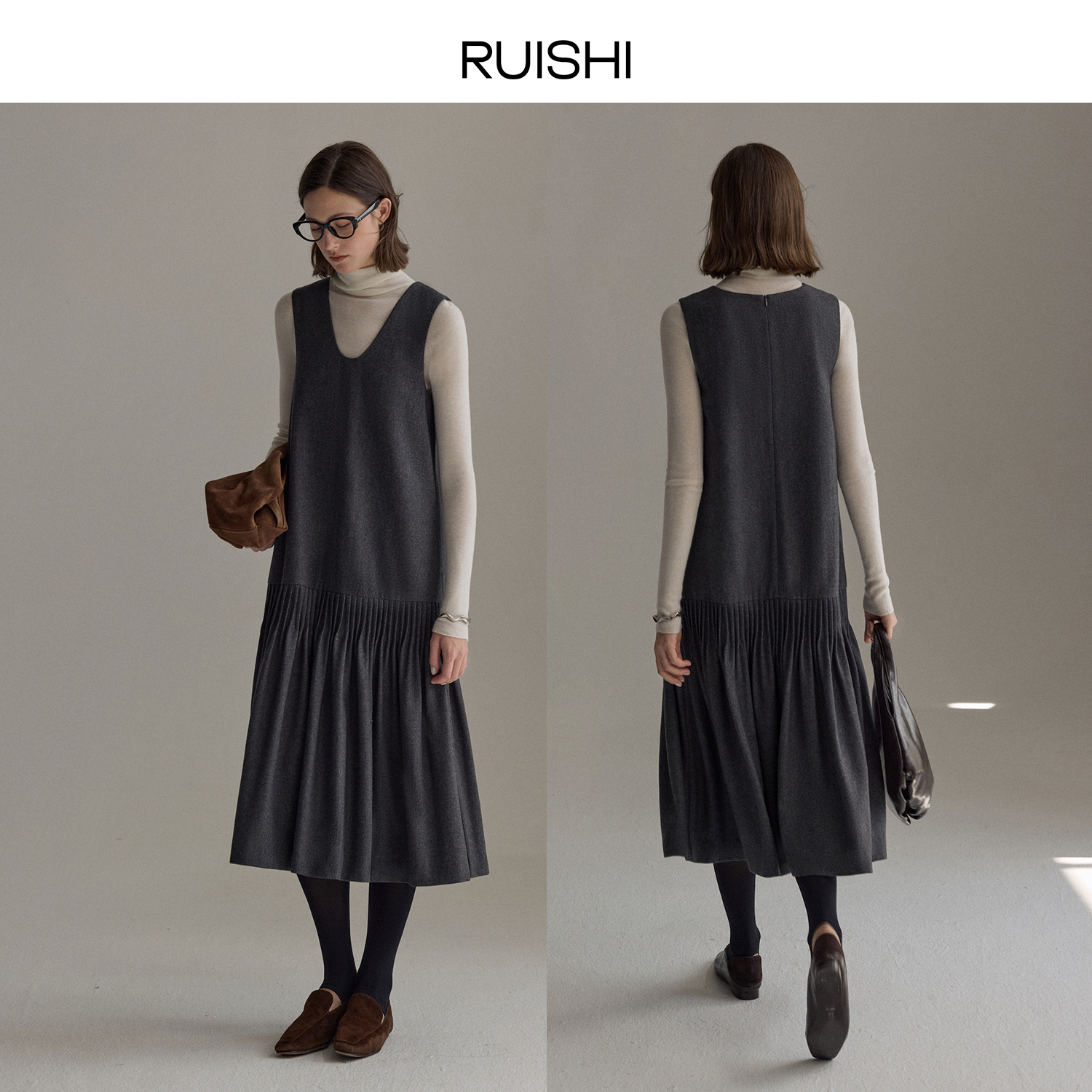 RUISHI芮时手工塔克褶V领无袖A字显瘦连衣裙女冬R24D131802