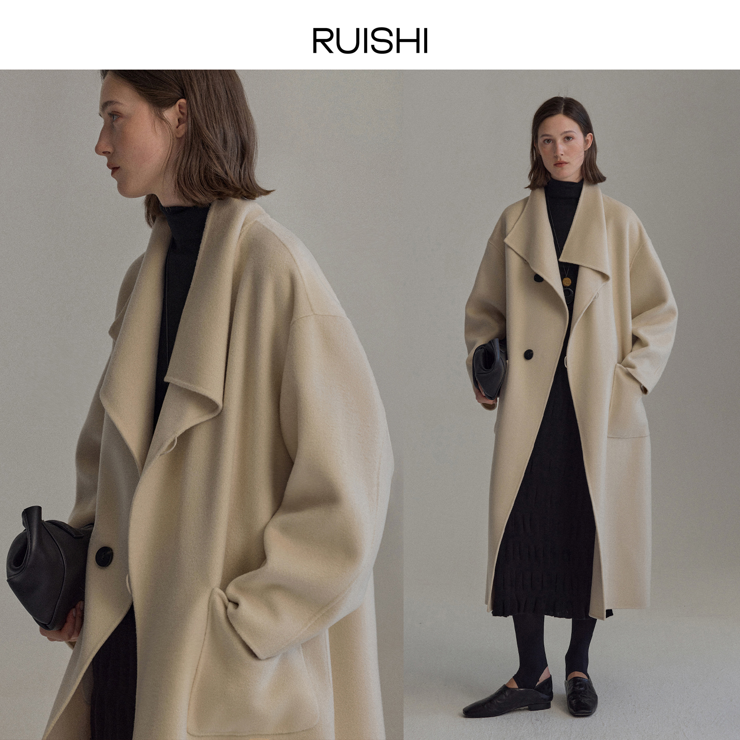 RUISHI芮时牛角扣廓形奢暧羊绒混纺双面呢大衣女冬R24D110804