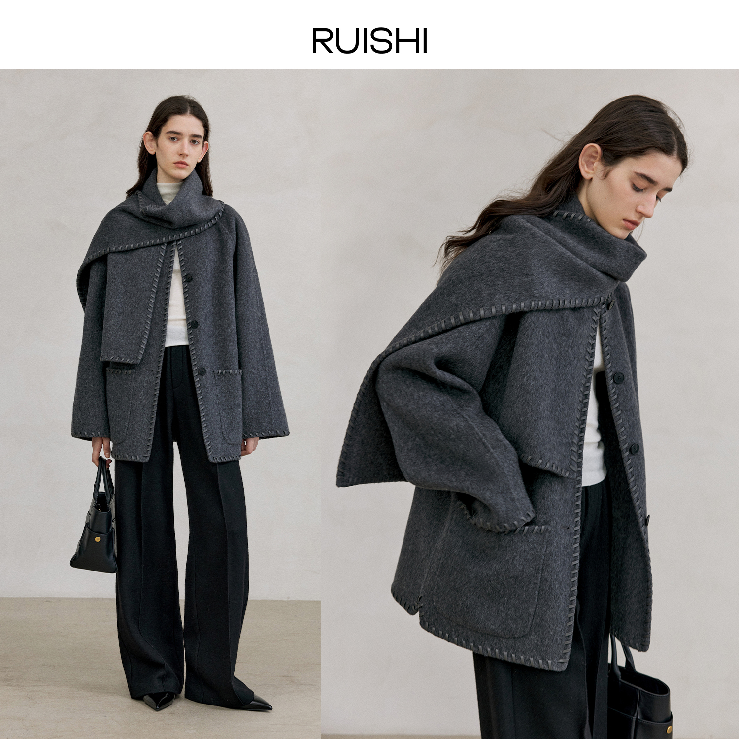 RUISHI芮时100绵羊毛重工落肩短款双面呢大衣外套女冬R24C110203