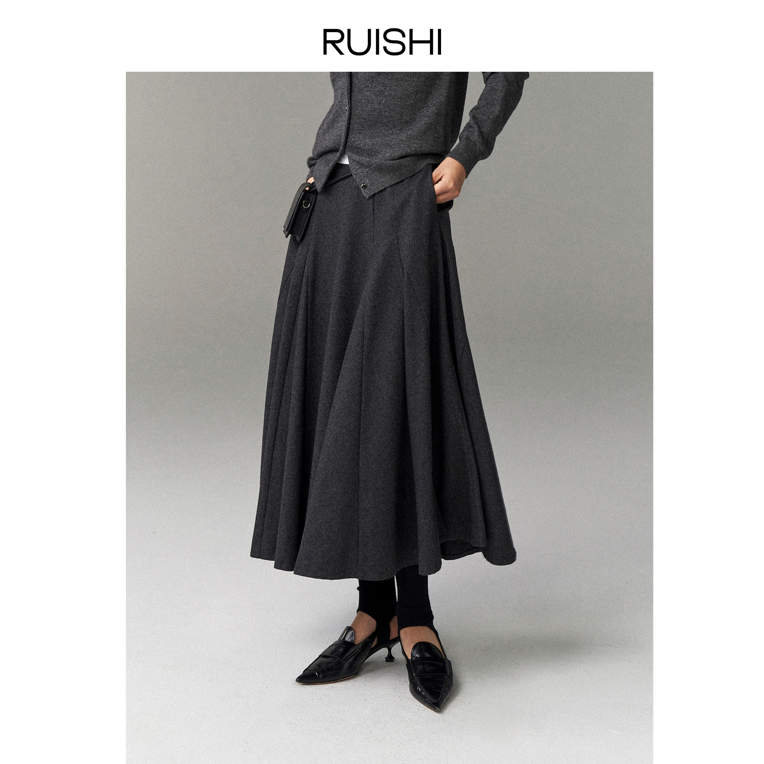 RUISHI芮时 重磅18片拼接磨毛设计感伞裙羊毛立体半身裙子女秋冬