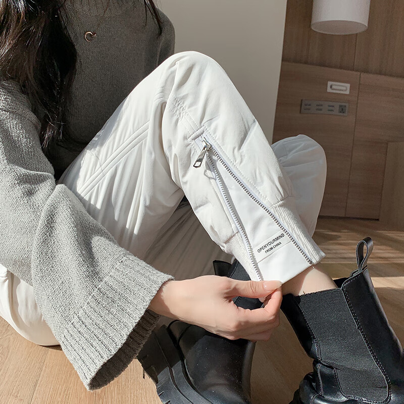 时尚羽绒裤女外穿时尚2022年冬季新款白鸭绒棉裤高腰宽松加绒白色