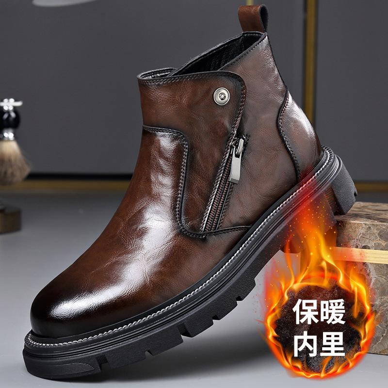 2025春季马丁靴侧拉链休闲百搭加绒男靴英伦风男士中帮切尔西靴