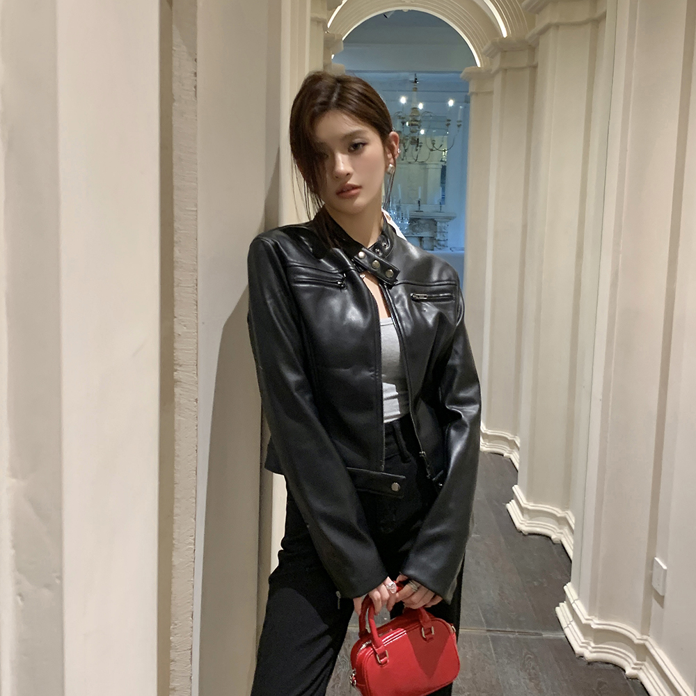 轻奢网红秋冬新款美式复古经典黑色酷女孩立领机车皮衣女外套上衣