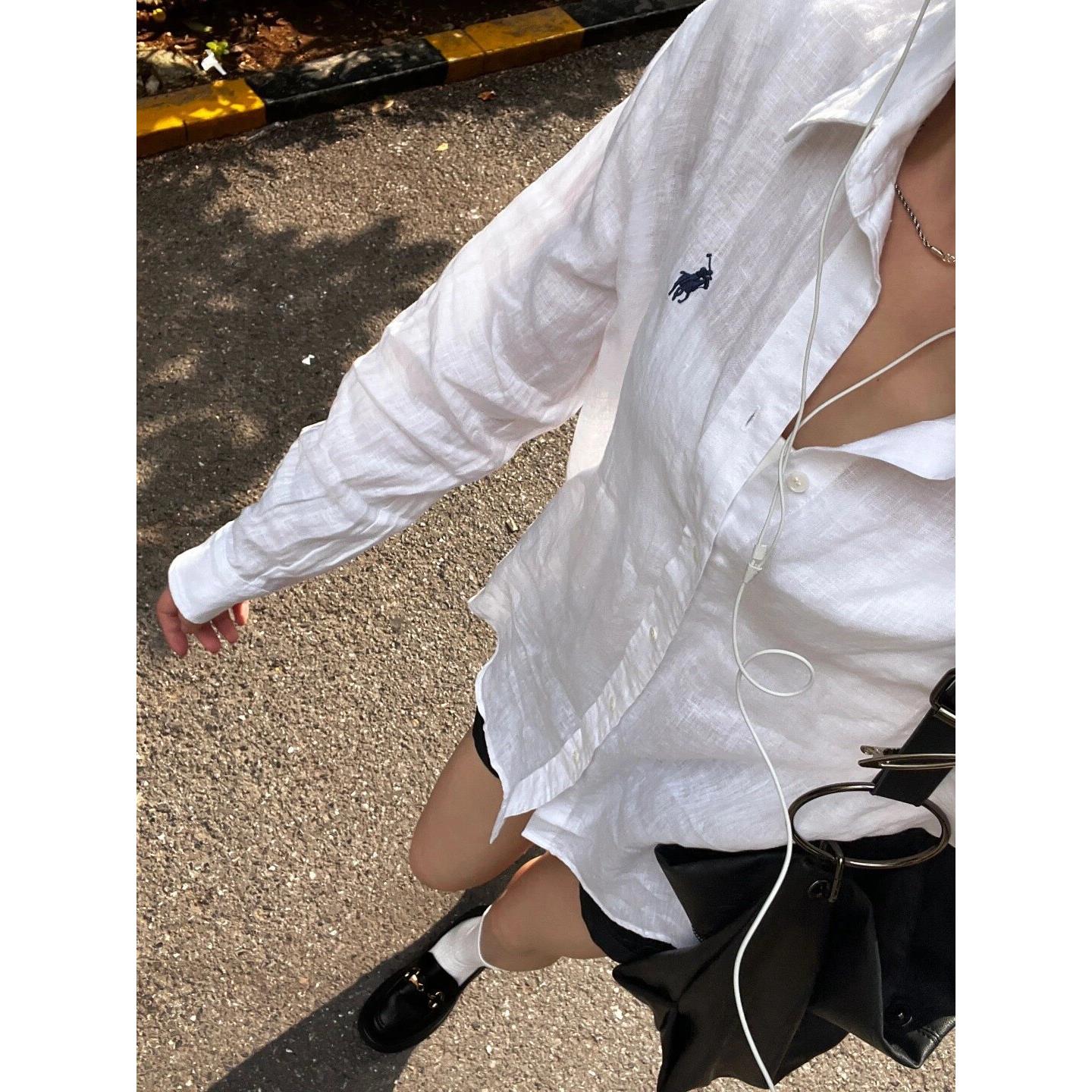 【新品】小马标亚麻长袖衬衫上衣polo领女宽松休闲纯色防晒外套衬衣