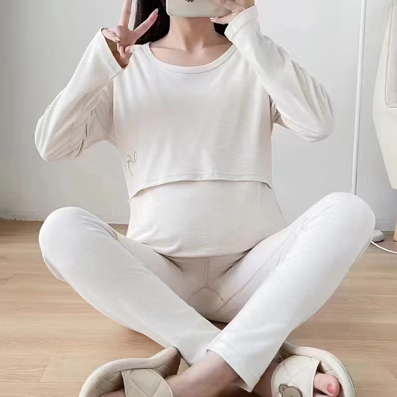 彩棉孕妇哺乳秋衣秋裤套装柔软透气儿童内衣女12-15发育期抗菌