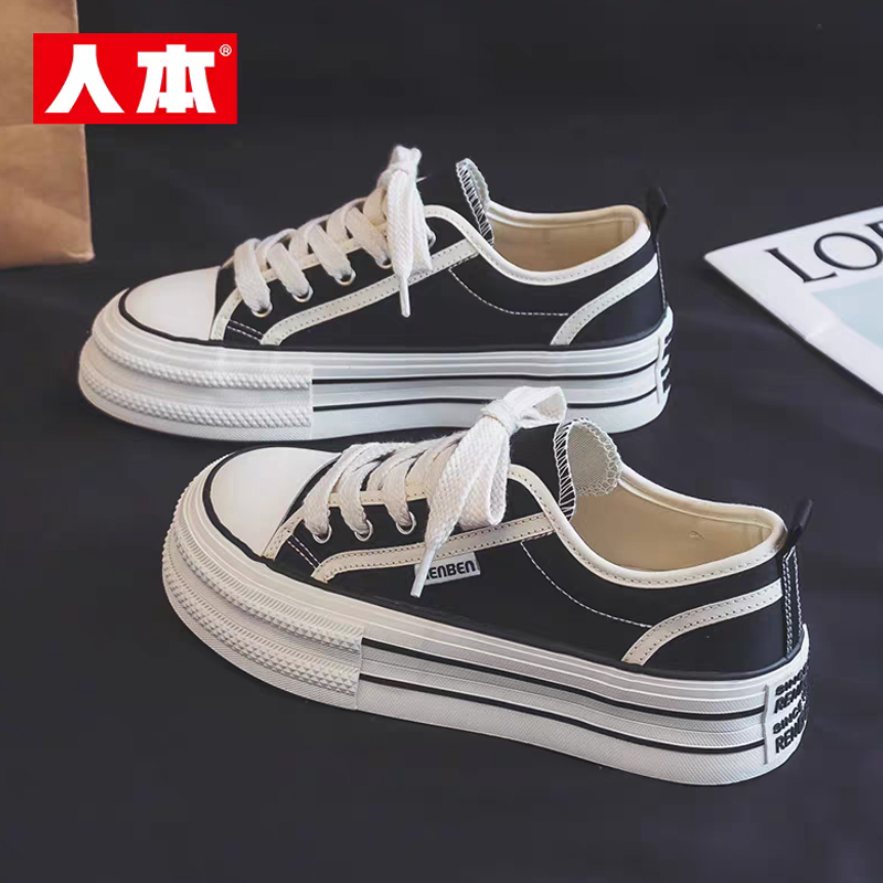 人本帆布鞋女春季新款潮流休闲厚底百搭鞋子女款爆款2025新款