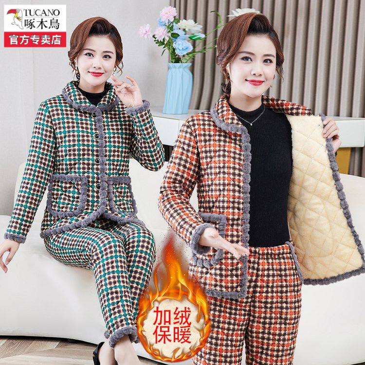 啄木鸟品牌冬装加厚格子妈妈装上衣+裤子两件套加绒保暖休闲