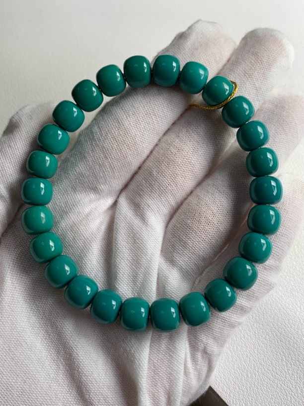 湖北十堰文鹏精品原矿绿松石直切单圈手串高瓷男女款手工无优化