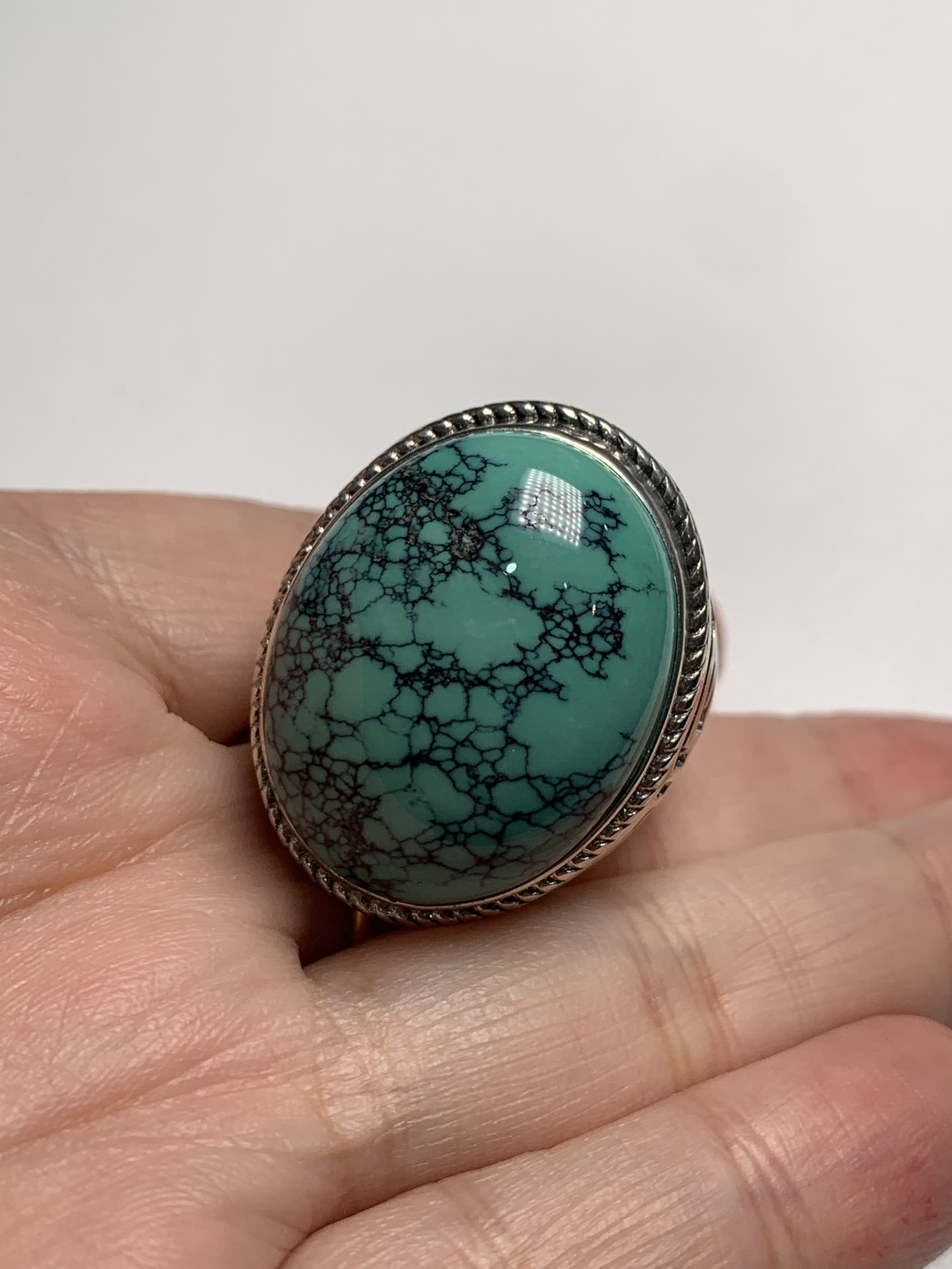 湖北天然原矿绿松石925银男戒