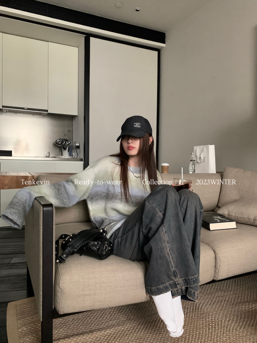 美拉德条纹针织套头毛衣韩系chic外穿宽松显瘦慵懒风2023新款秋冬