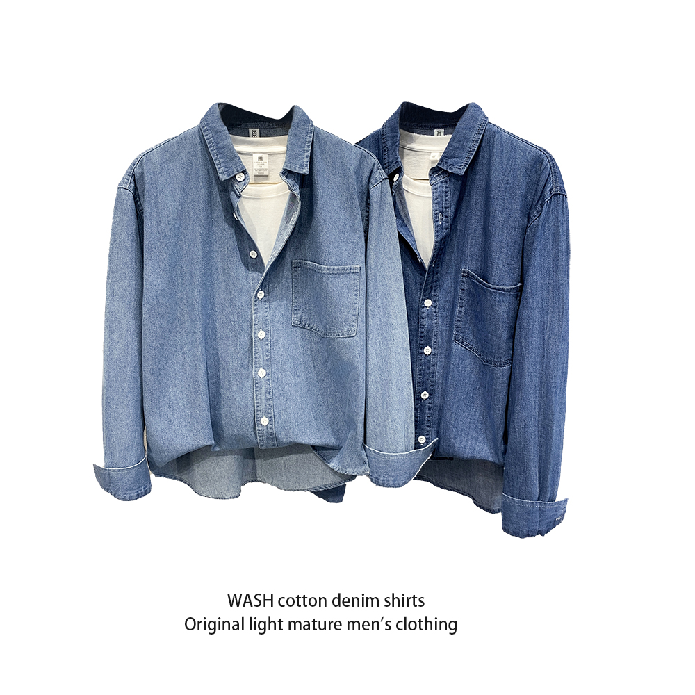 2025春秋季牛仔衬衫男士高级感韩版休闲外套复古水洗蓝色长袖衬衣