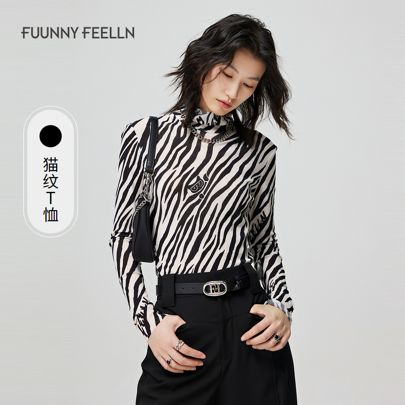 【达人专属】FF仿佛猫纹长袖女T恤修身显瘦高领上衣FD00566W0