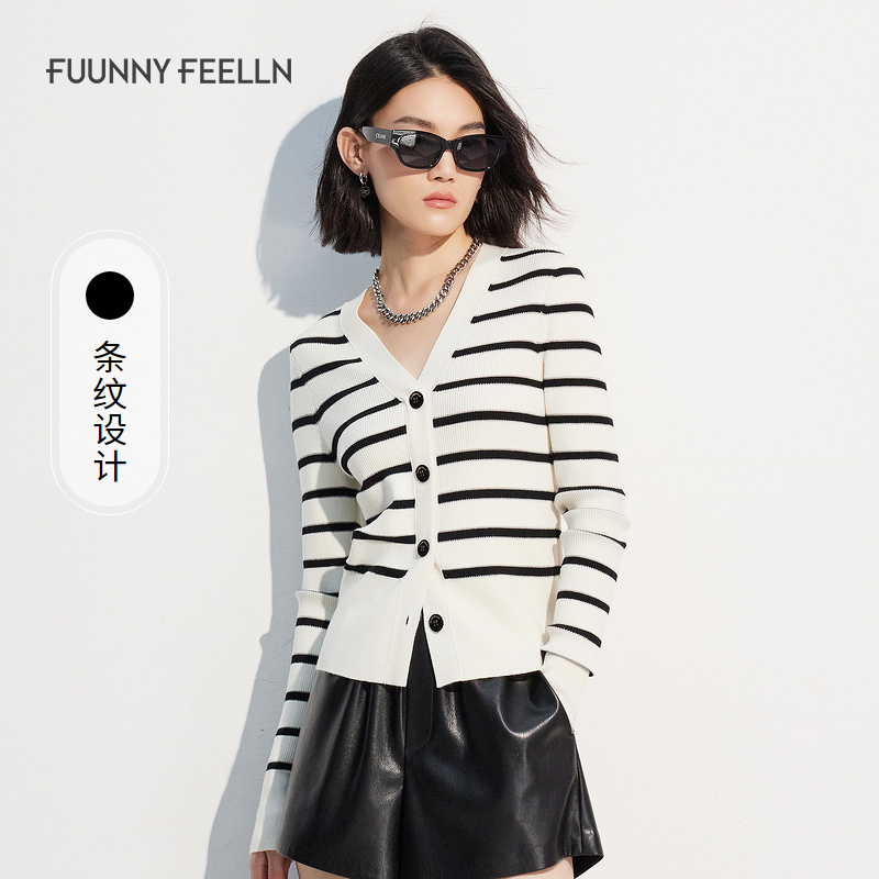 【粉丝专属】FF||仿佛春季针织衫女条纹V领开衫上衣外穿FZ01221