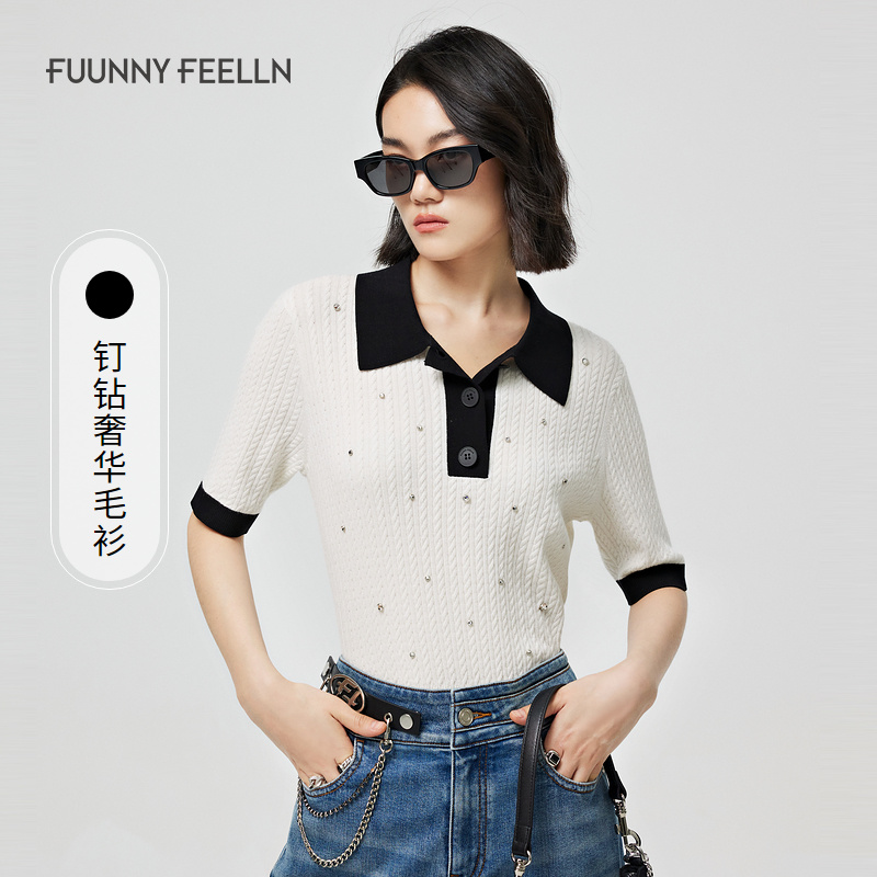FF仿佛20翻领针织衫女撞色短袖修身显瘦薄款FFM01070