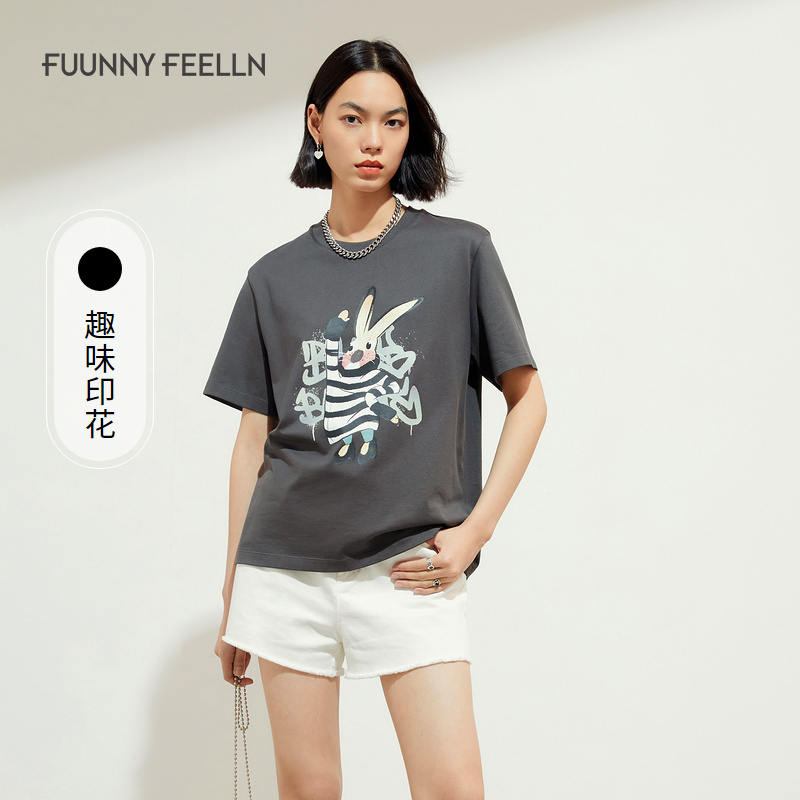 FF仿佛纯棉短袖T恤女动物趣味印花舒适百搭FM00706X4