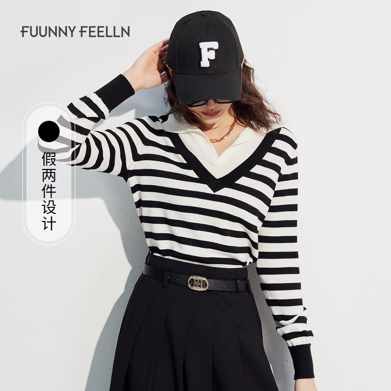 【达人专属】FF||仿佛条纹针织衫女假两件拼接设计FZ01120W0