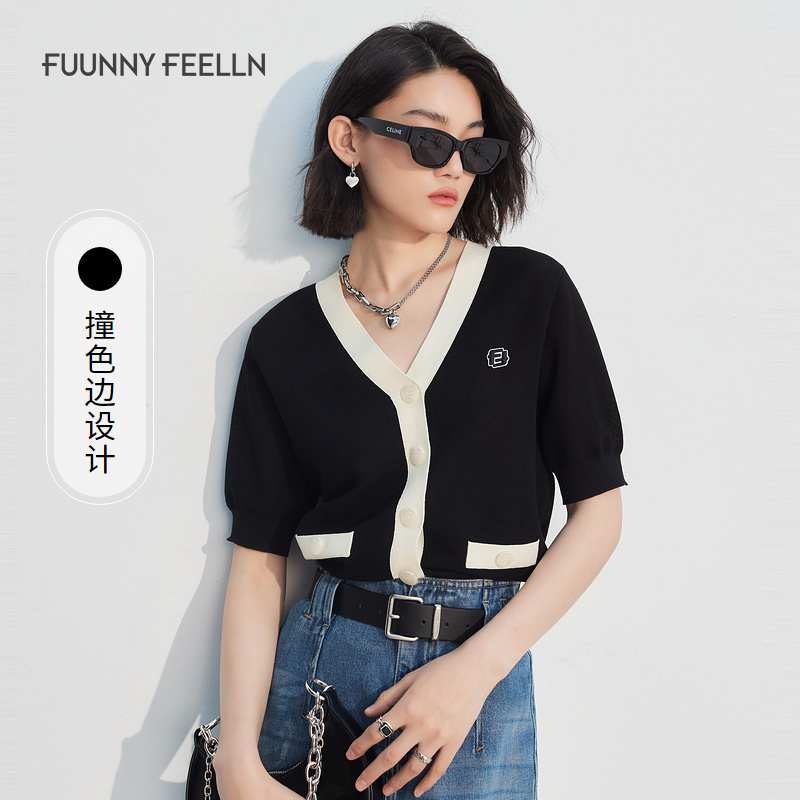 FF仿佛撞色针织开衫女短袖上衣绣花FZ01338W0