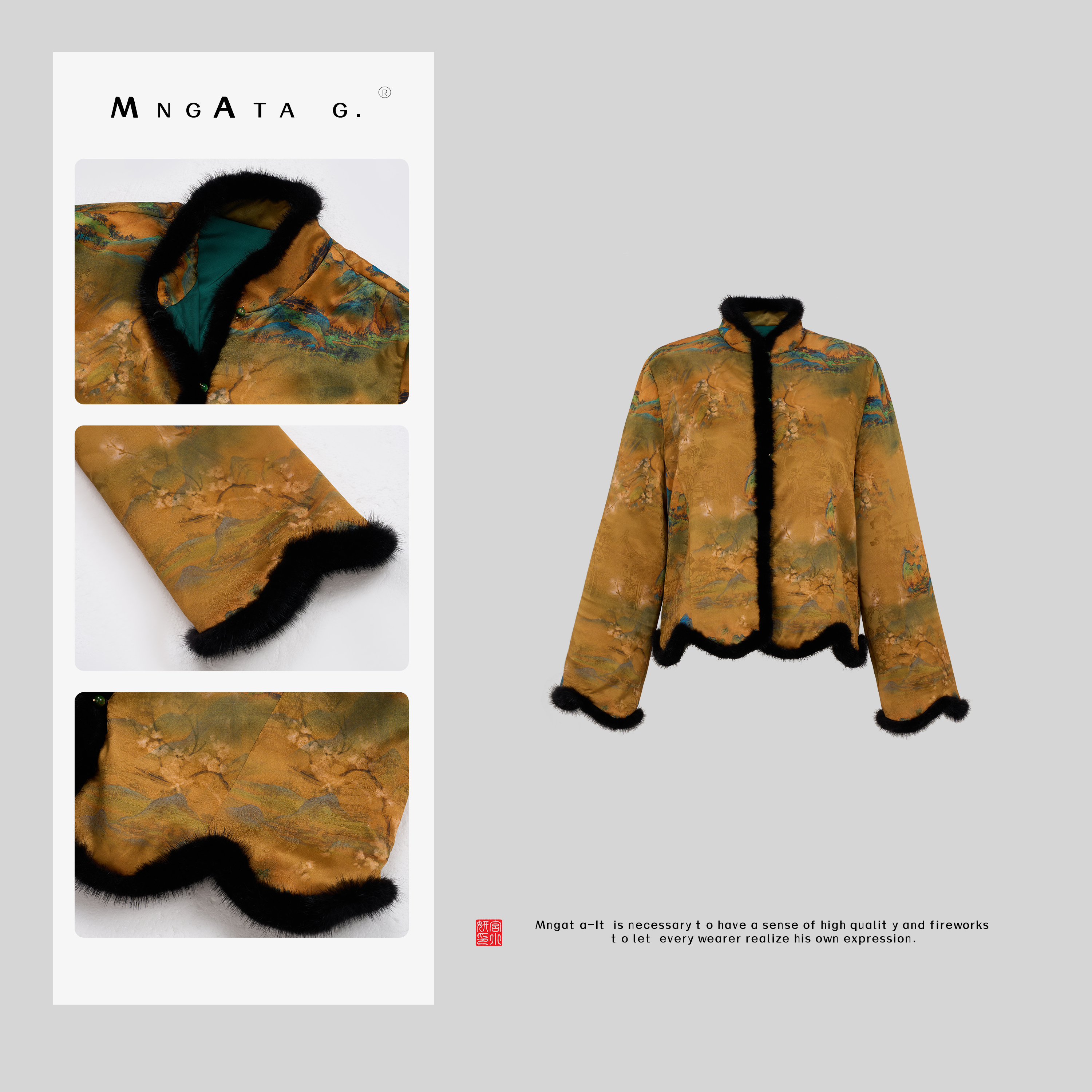 MNGATA G.宫小妍【观浮云】桑蚕丝拼水貂中式国风外套秋冬J4111934