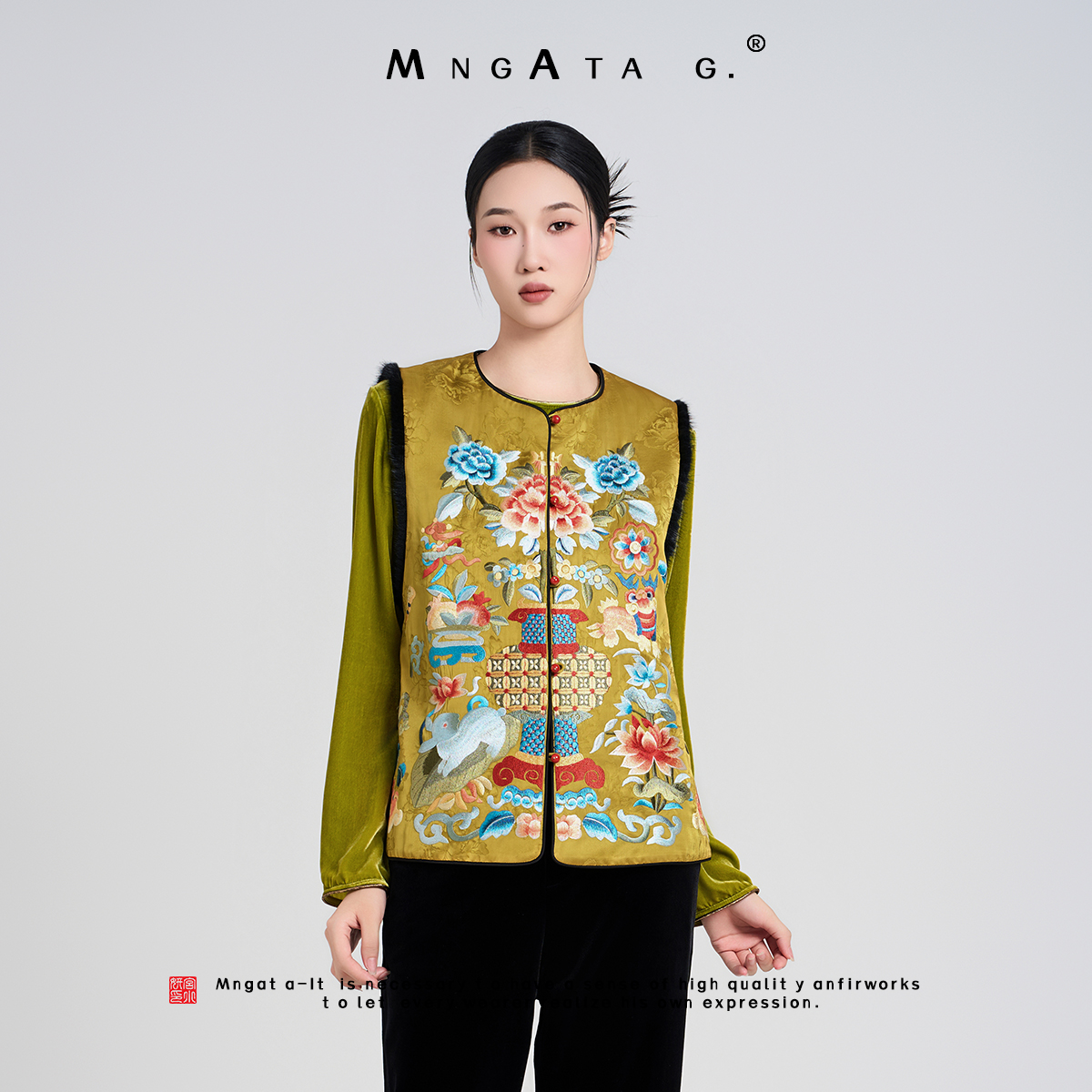 MNGATA G.宫小妍【月下福兔】秋冬新中式国风拼水貂毛马甲X280339