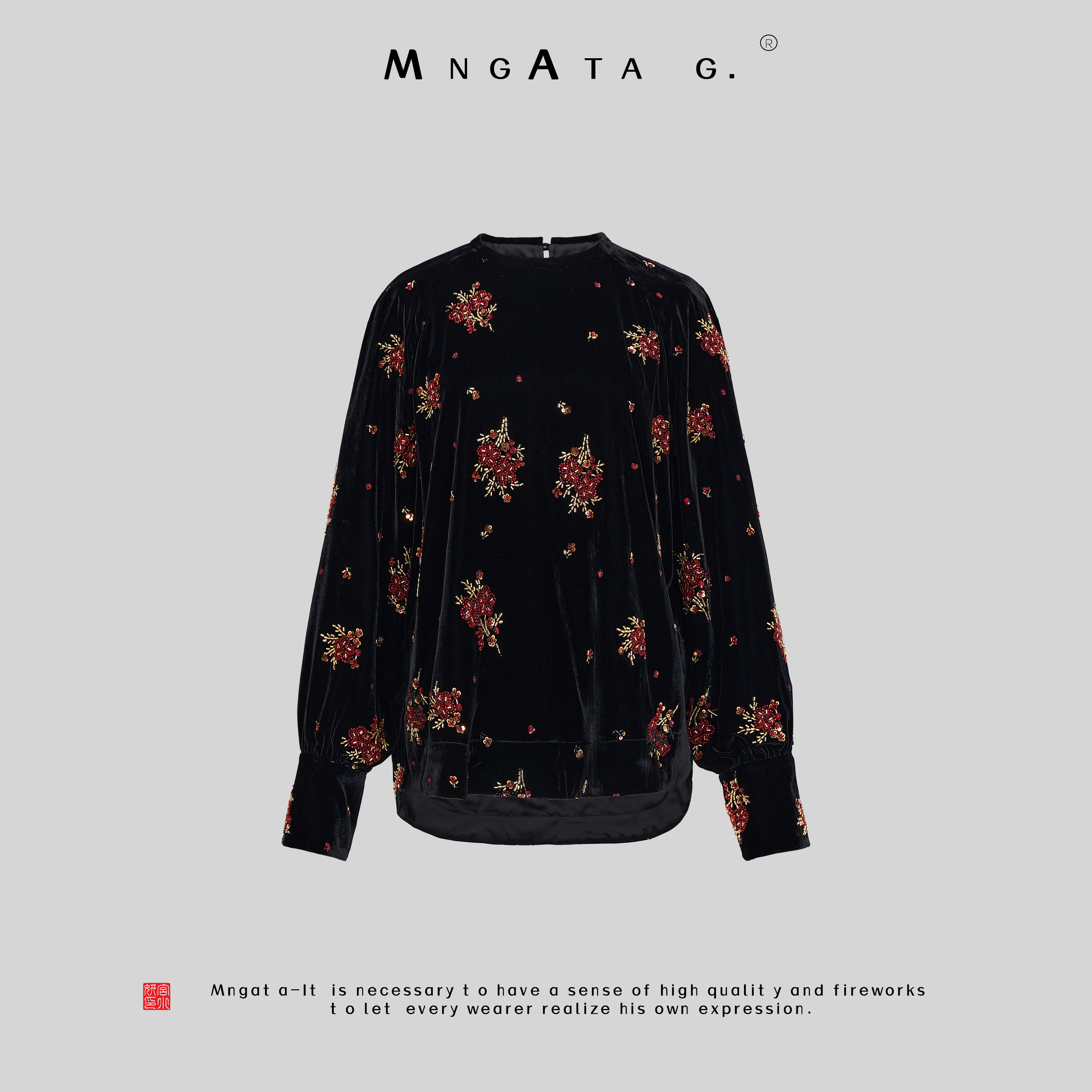 MNGATA G.宫小妍【银雪草】真丝丝绒新中式中国风秋冬上衣Z4112650