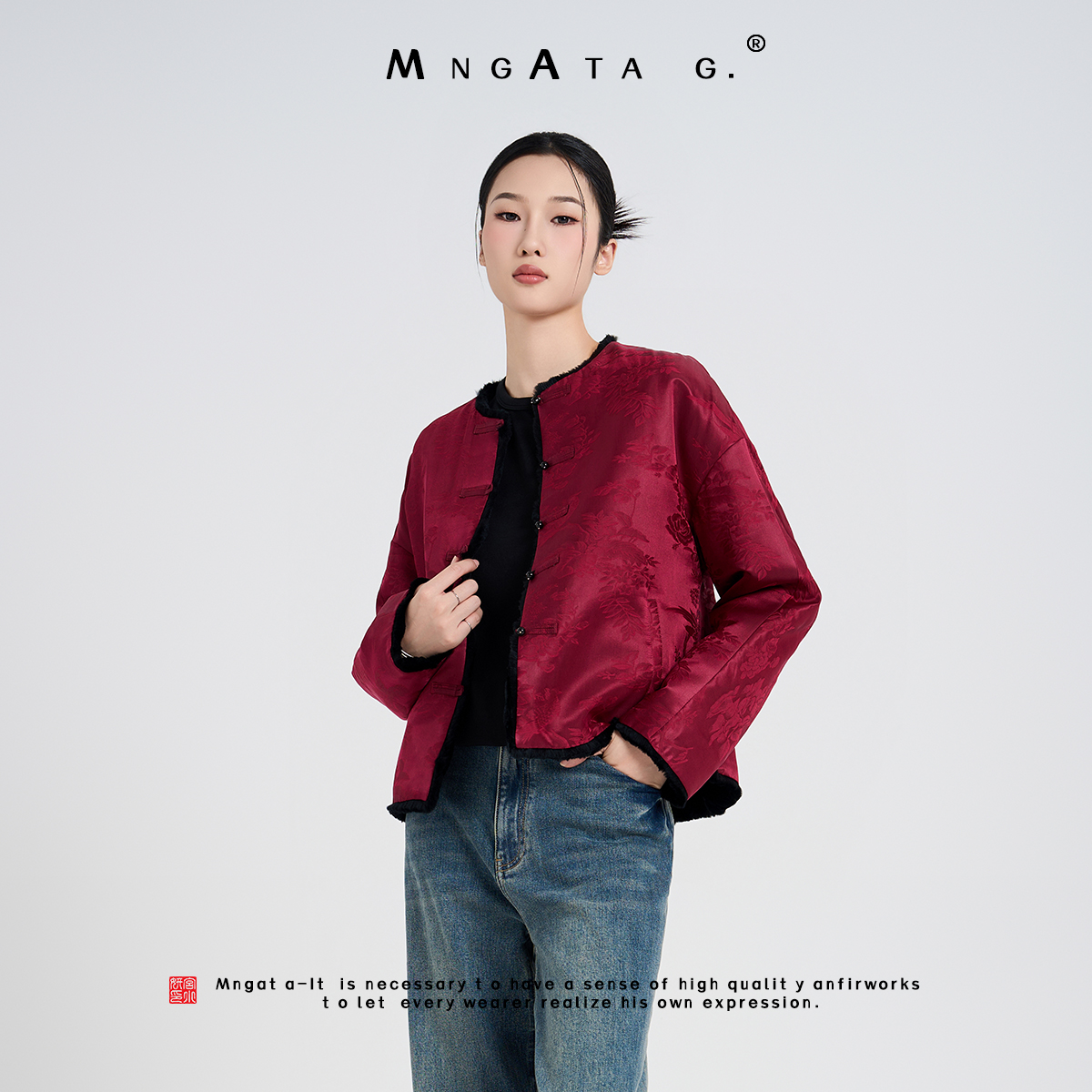 MNGATA G.宫小妍【曼奢·海棠红】獭兔桑蚕丝新中式外套秋冬X280509