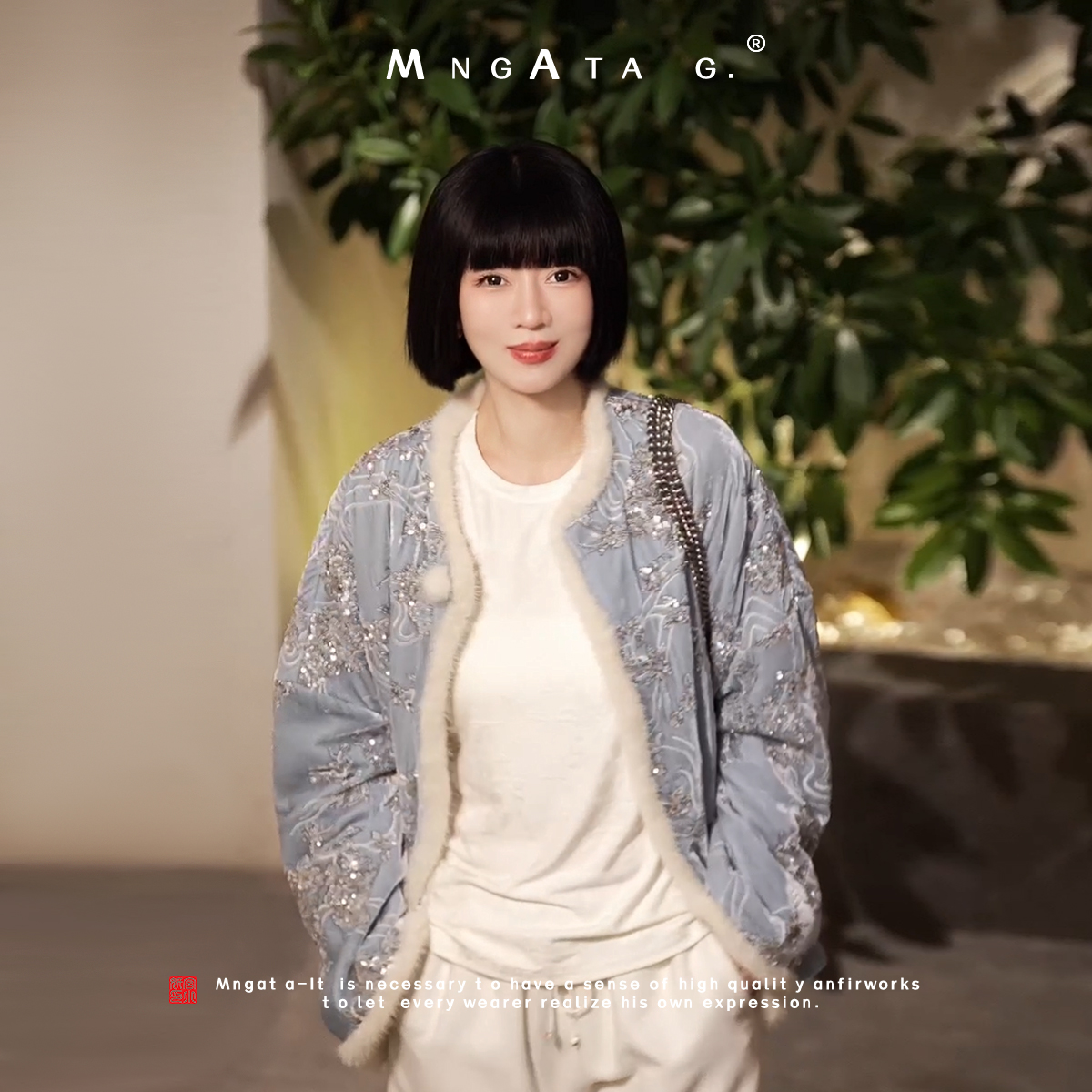 MNGATA G.宫小妍【莫兰迪】拼水貂毛真丝丝绒新中式秋冬外套X280479