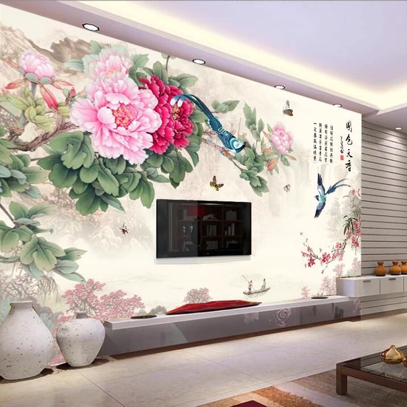 新中式牡丹花浮雕花开富贵壁布客厅沙发国画壁画卧室电视背景墙布