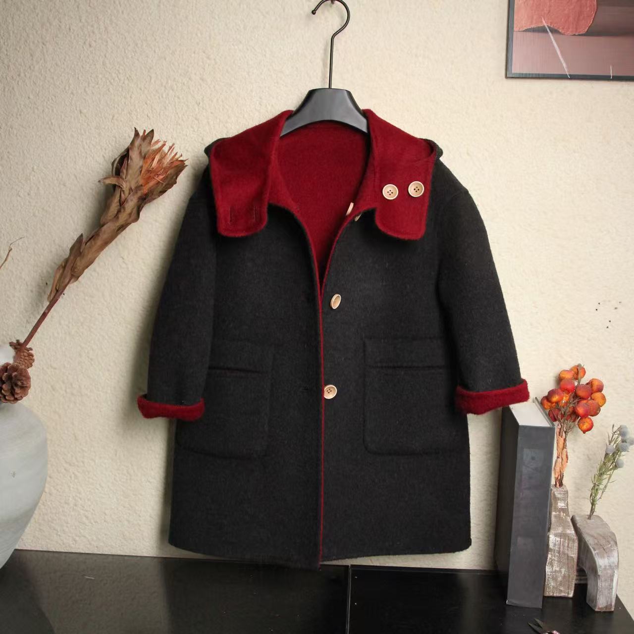 【鸿运当头】现货两面可穿冬季女童男童亲子韩版中长款双穿连帽大衣