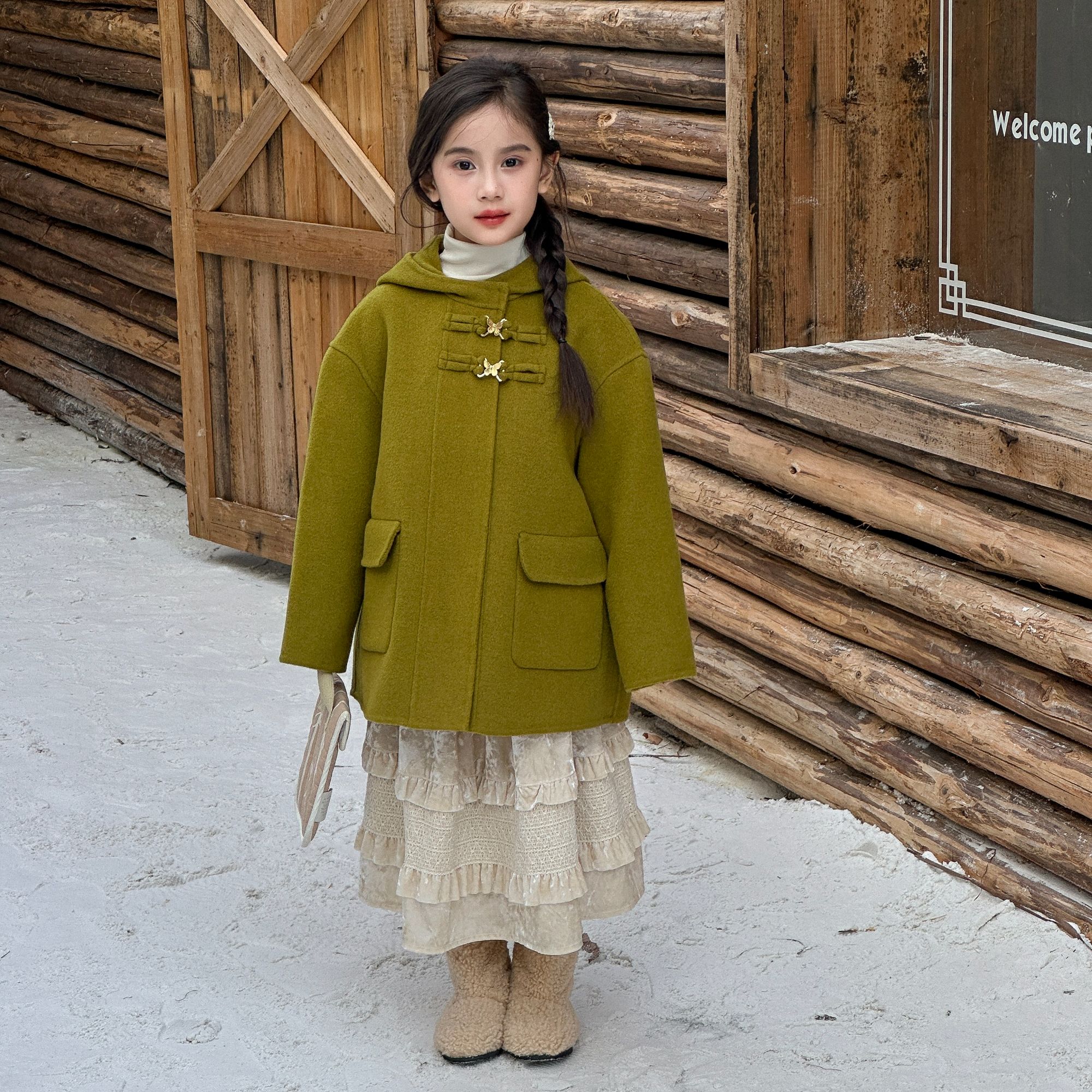 【连帽牛油果】绿金属盘口童装双面羊毛大衣连帽韩版儿童-037