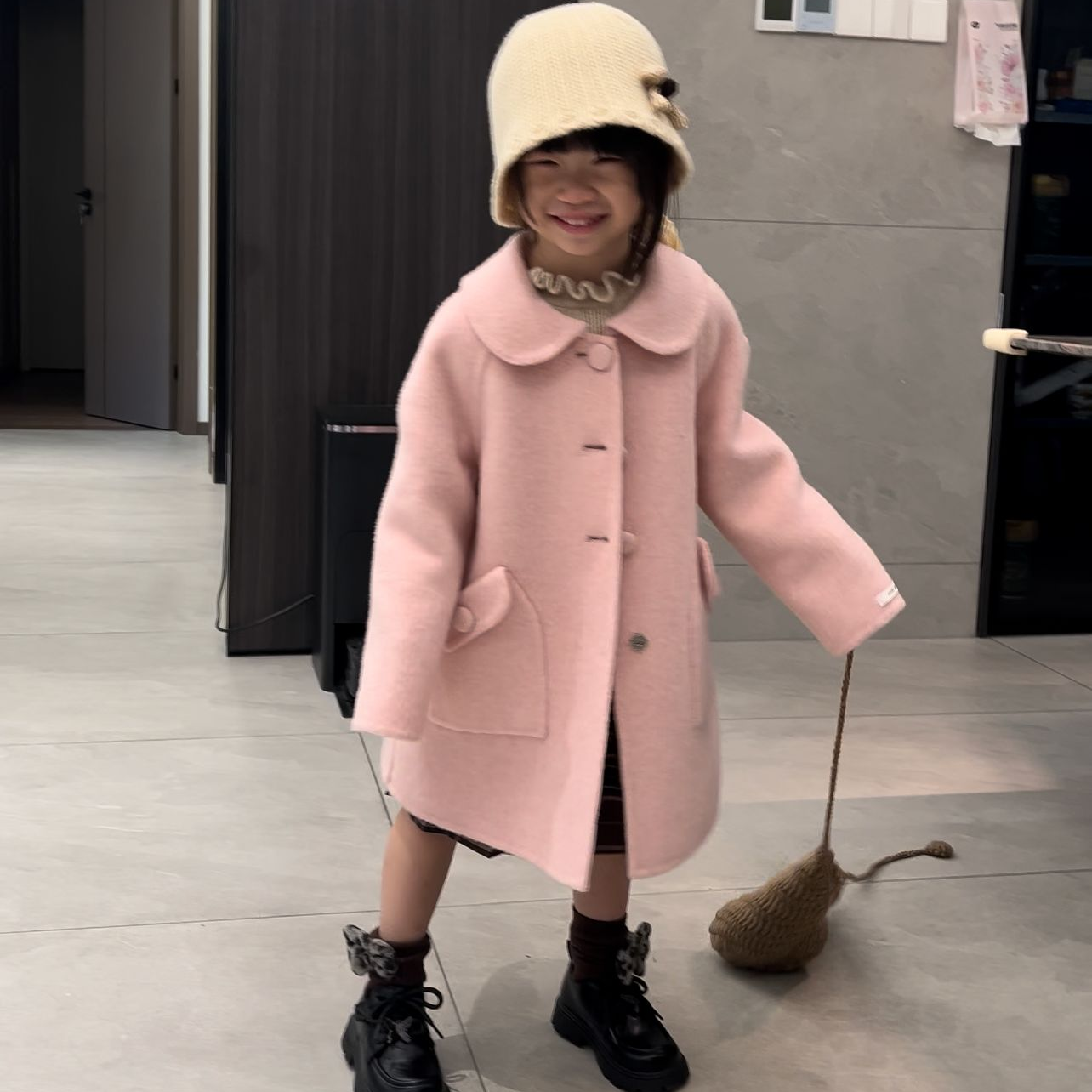 粉色娃娃领可爱风童装双面绵羊毛大衣洋气加厚韩版