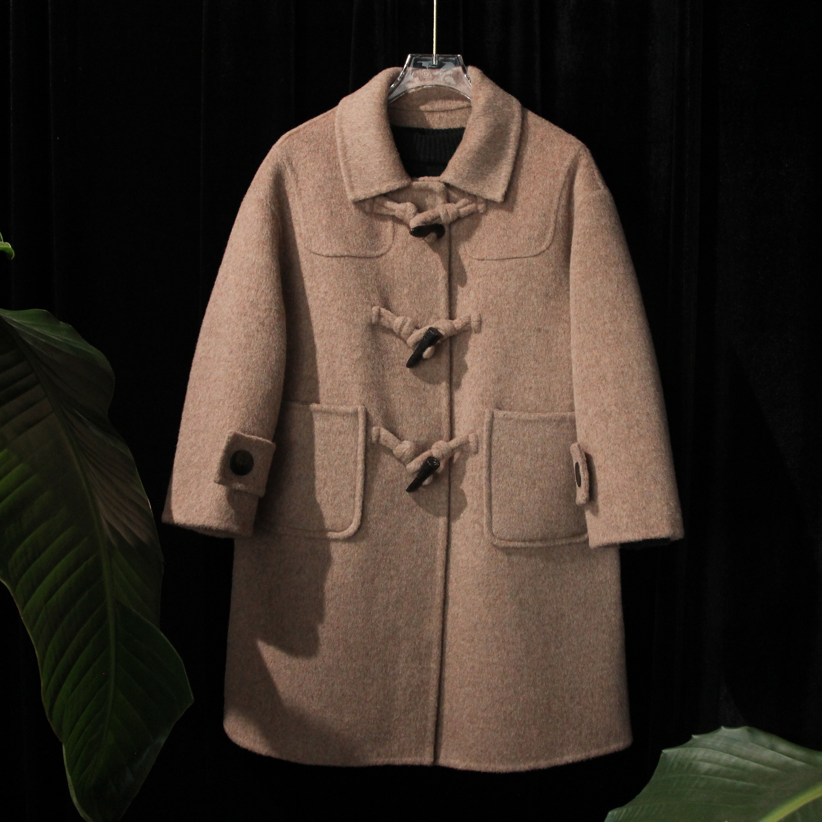 小方领燕麦色男童女童可穿中性款牛角扣童装双面羊毛大衣020