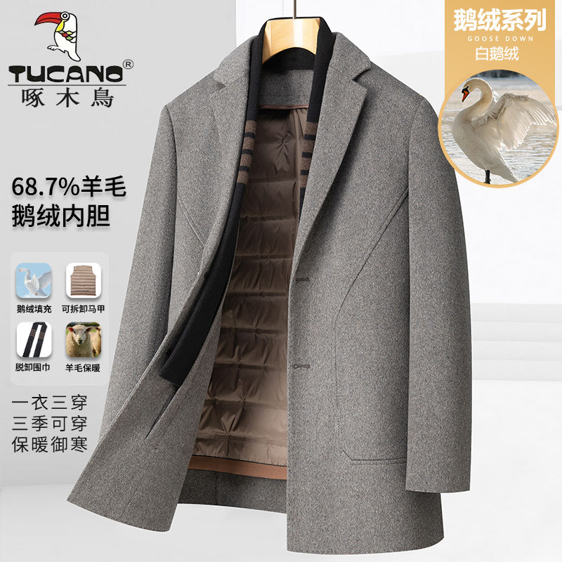 高级感围巾领羊毛大衣男中长款冬季加厚白鹅绒内胆呢子外套