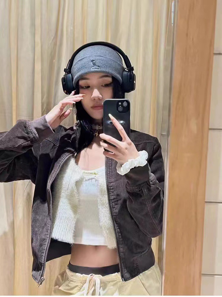 BM风新款翻领灯芯绒显瘦百搭长袖外套女bm拉链开衫短款夹克上衣潮