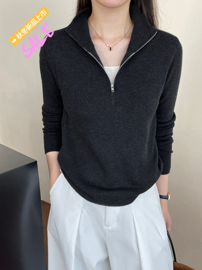 半拉链长袖针织假两件