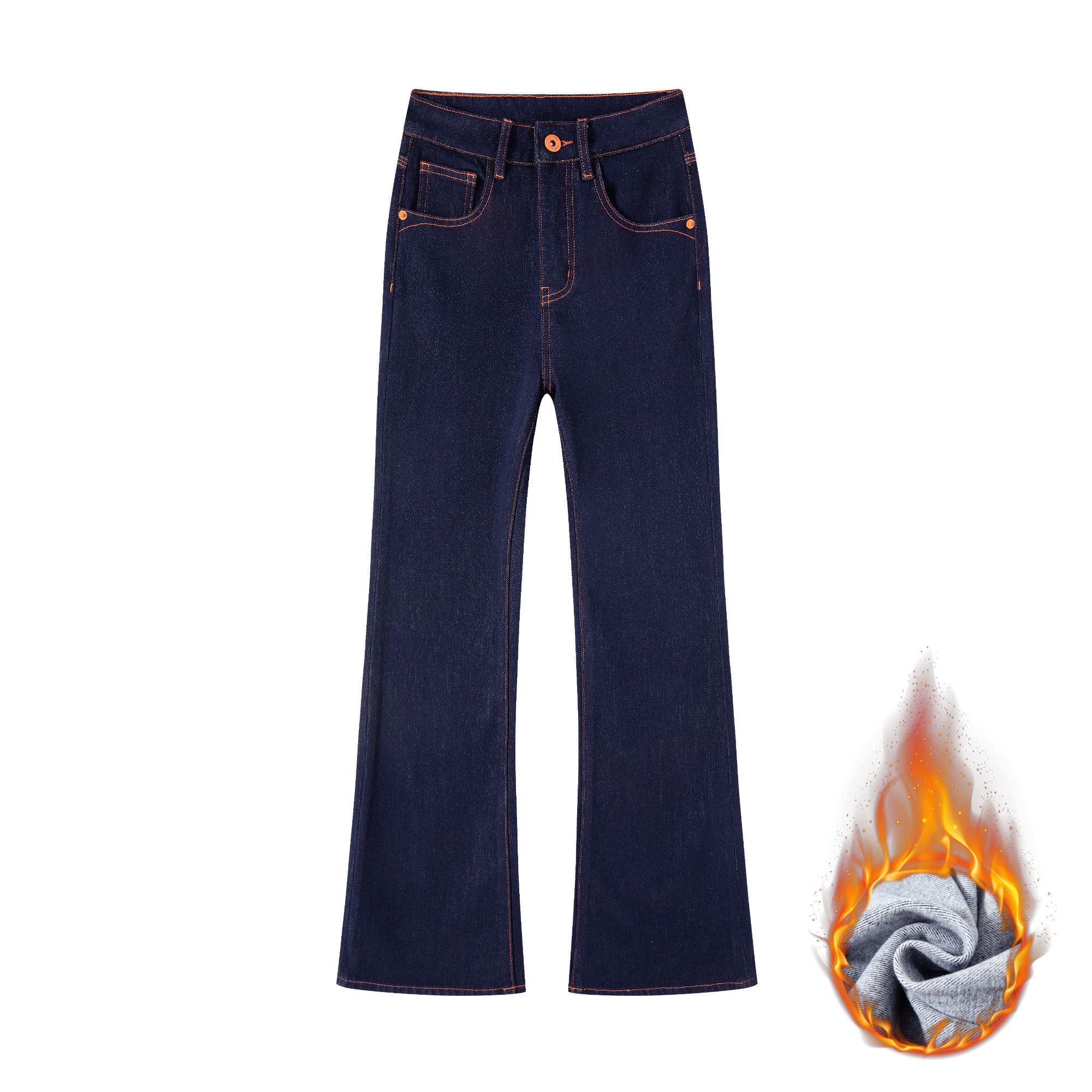 防掉色丹宁蓝色薄绒设计师新款高腰高弹微喇裤显高显瘦牛仔裤女