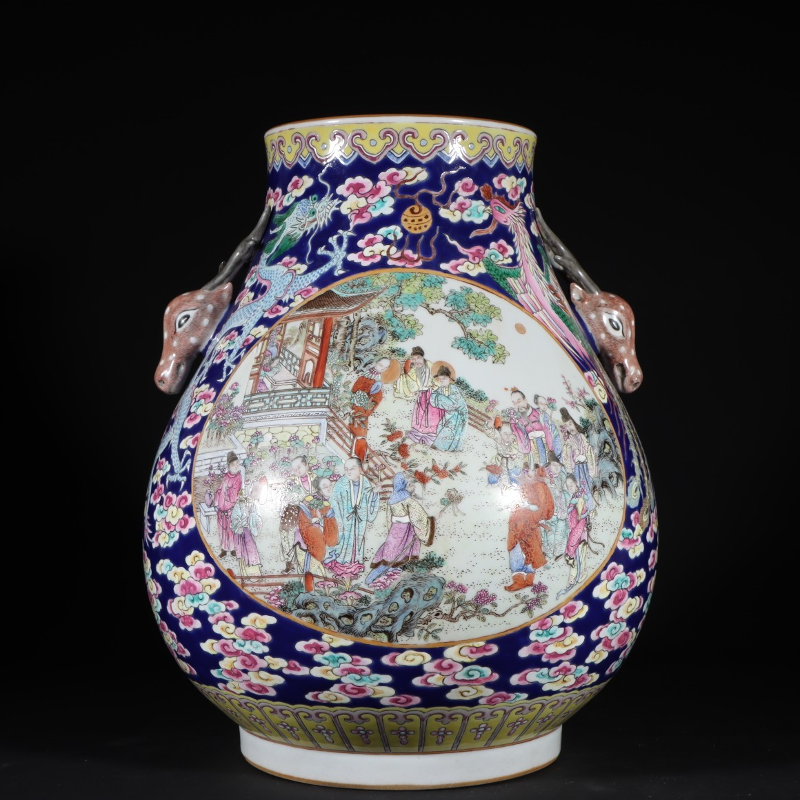 清 霁蓝祥云开窗人物故事双鹿头尊