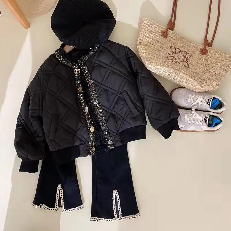 女童小香风外套棉衣棉服秋冬款儿童拼接短款上衣冬季加厚保暖棉袄