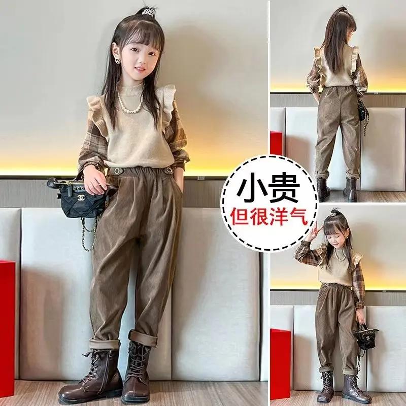 女童春秋款套装洋气小女孩中大儿童装网红洋气时髦毛衣拼接两件套