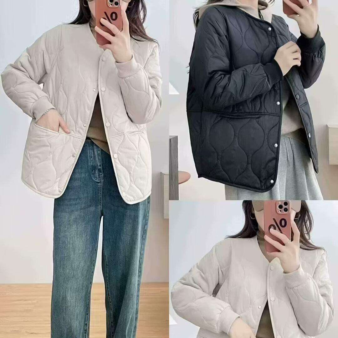 大码冬季新款保暖圆领休闲百搭宽松显瘦菱型格纯色小棉服棉衣外套