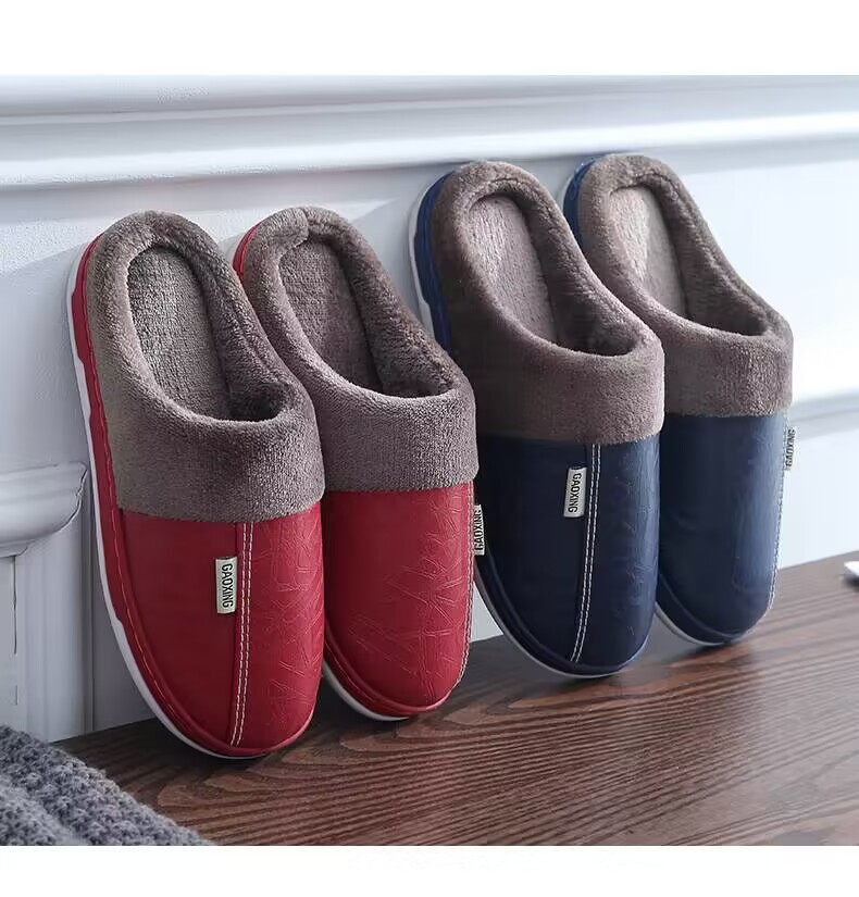 秋冬季PU皮面棉拖鞋男女室内防滑保暖加绒居家软底拖鞋情侣毛拖鞋