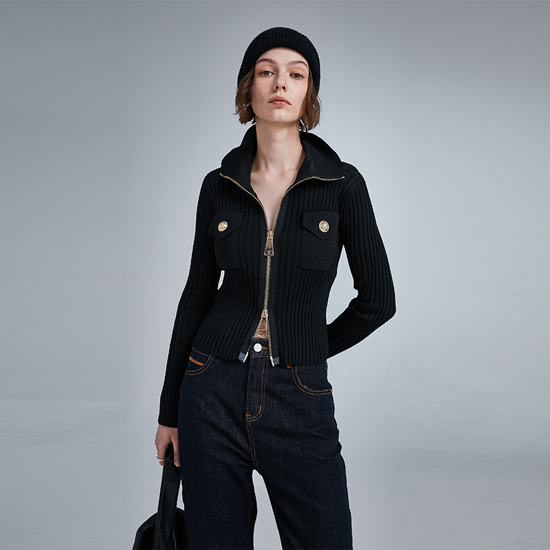 Black&color高级感针织开衫修身翻领秋冬百搭长袖条纹