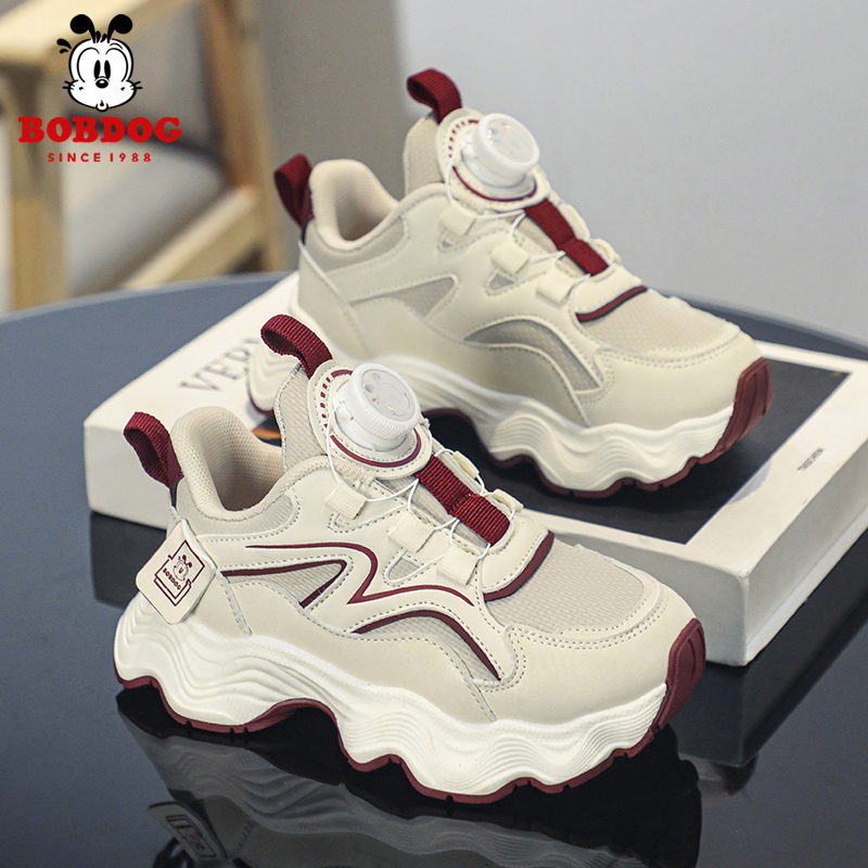 Bobdog/巴布豆2025新款时尚男女童皮面运动鞋软底减震防滑儿童鞋