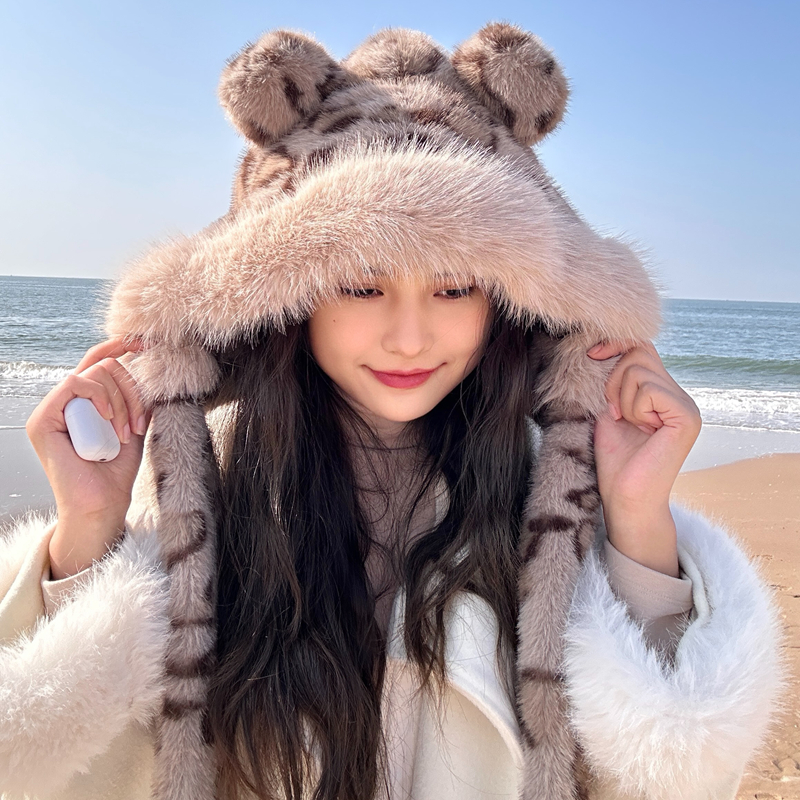 双面毛毛熊耳朵豹纹帽子围巾一体保暖防寒仿皮草狐狸【以直播为主】