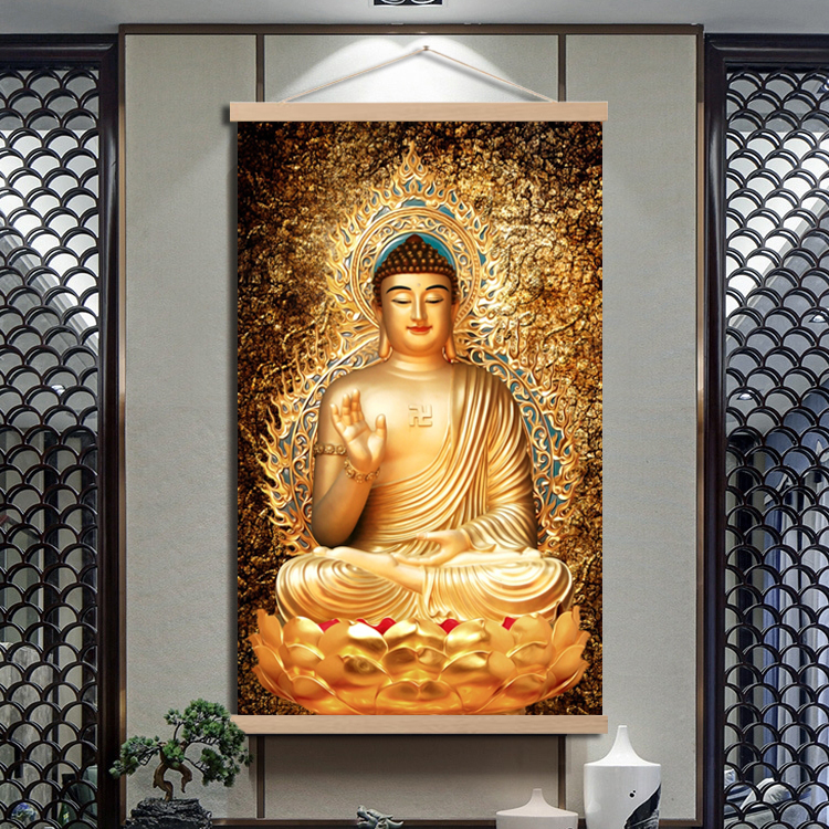 玄关装饰画禅意释迦牟尼实木杆挂画佛龙女老师直播间