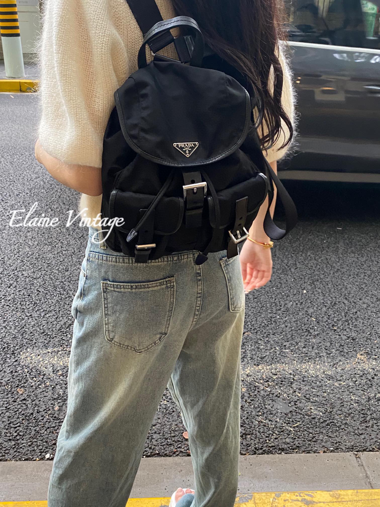 95新 Prada/普拉达 拼皮黑色双肩包小号、通勤百搭24cm/Y104